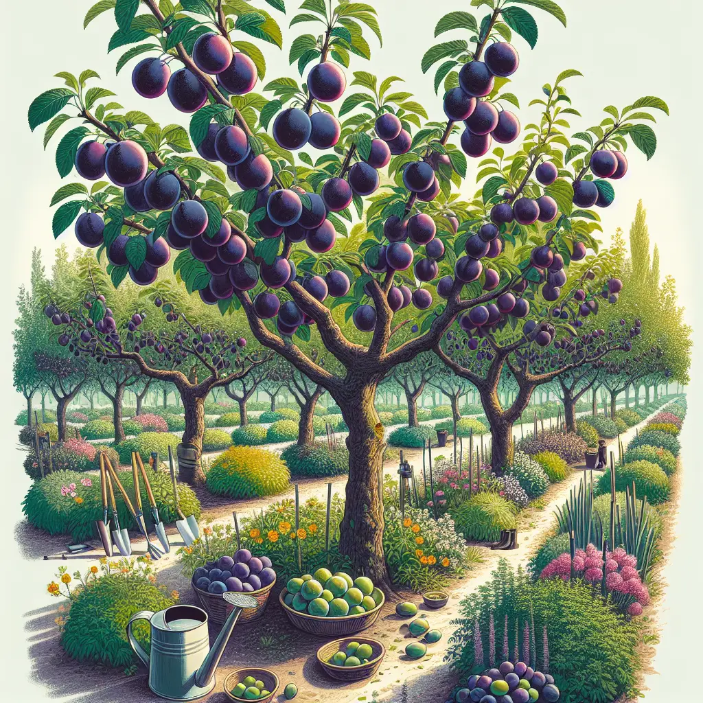 A well-kept plum orchard with rows of Damson plum trees. The fruits hang heavily on the branches, showing their ripe, dark color. Some of the trees are being tended to with gardening tools such as pruners and watering cans placed nearby, signifying the care taken for their growth. Nestled among the trees, there are various stages of growth, some blooming with flowers, others with small green fruits starting to sprout and some with fully mature fruits. No people or brand logos are present in this serene and vibrant image.