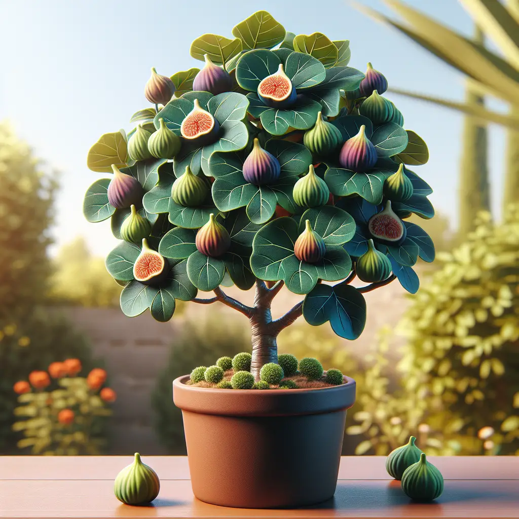 A vibrant and detailed image of a perfectly grown fig tree in a terracotta container. The fig tree is brimming with healthy dark green leaves and ripe figs, highlighting the success of container gardening. The background shows a sunny garden setting, creating an atmosphere of growth and vitality. The container is plain without any logos or brand names, facilitating focus on the fig tree. Due attention should be paid to the figs, clearly showing their distinctive features and colors to denote successful growth.