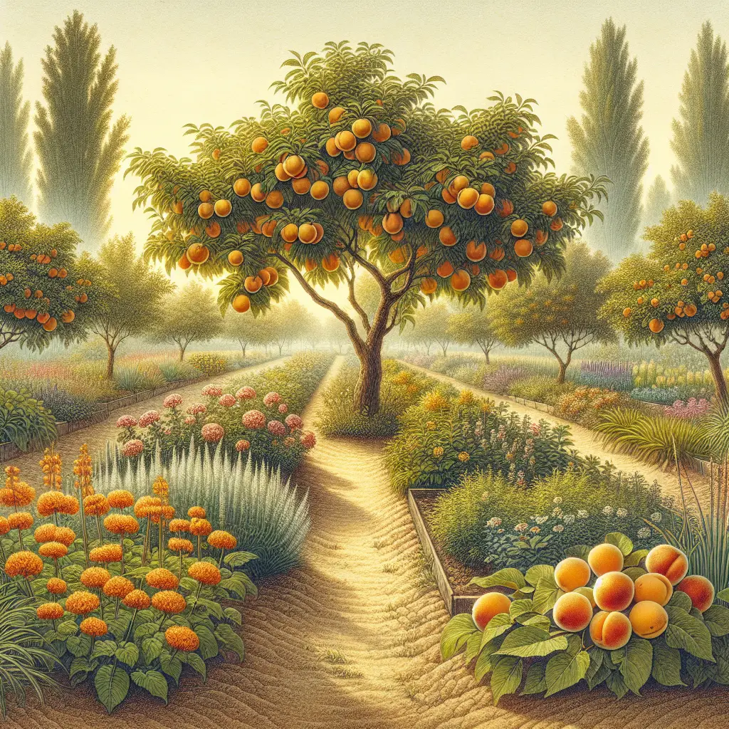 A detailed and peaceful image of a well-groomed garden where apricot trees are flourishing. The trees should be full of juicy, ripe apricots in a golden shade. The environment is ideal for the growth of these trees with well-drained sandy soil, plenty of sunlight, and should convey a sense of temperatures that are neither too hot nor too cold. Surrounding the apricot trees are a selection of complementary plants like marigolds and basil, which are known to enhance the growth of these trees. There are no people, brand names, or text visible in this serene scene.