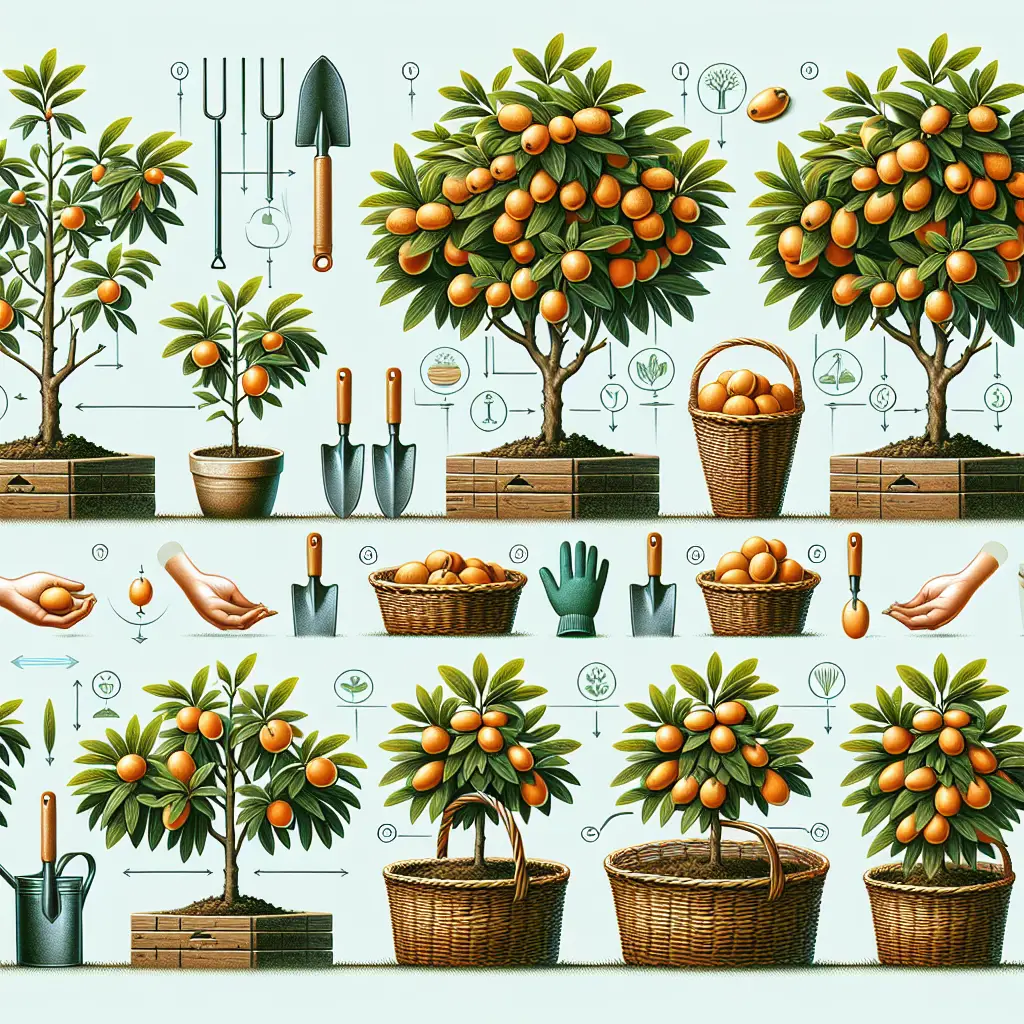 A detailed tutorial scene displaying the process of growing and harvesting loquats, showing each stage of growth from seed to mature fruit. The scene includes various gardening tools such as a spade, gloves and a watering can, positioned strategically. There are loquat trees at different stages of growth, from young saplings to mature trees. The mature trees are heavy with ripe loquats, waiting to be harvested, while the saplings are surrounded by care symbols. The loquats, after being harvested, are shown in rustic wicker baskets.