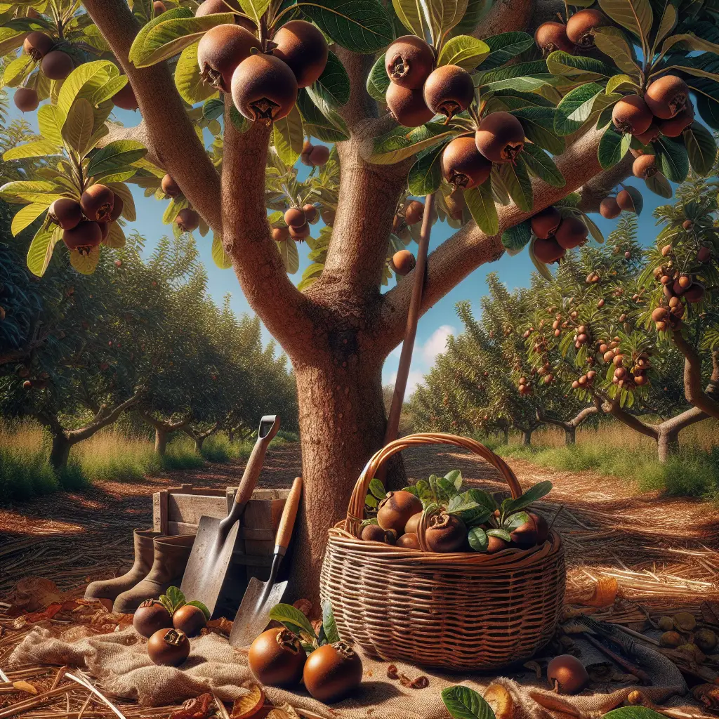 A detailed close-up of a medlar tree in an organic orchard, heavy with ripening brown fruits. The robust tree branches with their unique, textured bark and vibrant green leaves create a rustic setting. Sunlight filters through the leaves casting dappled shadows across the fruits. A spade and gardening gloves resting against the base of the tree suggest recent gardening activity. A few steps away, an empty, old-fashioned woven reed basket awaits harvest, placed on a blanket of fallen leaves. In the backdrop, rows of medlar trees stretch into the distance under a clear blue sky.