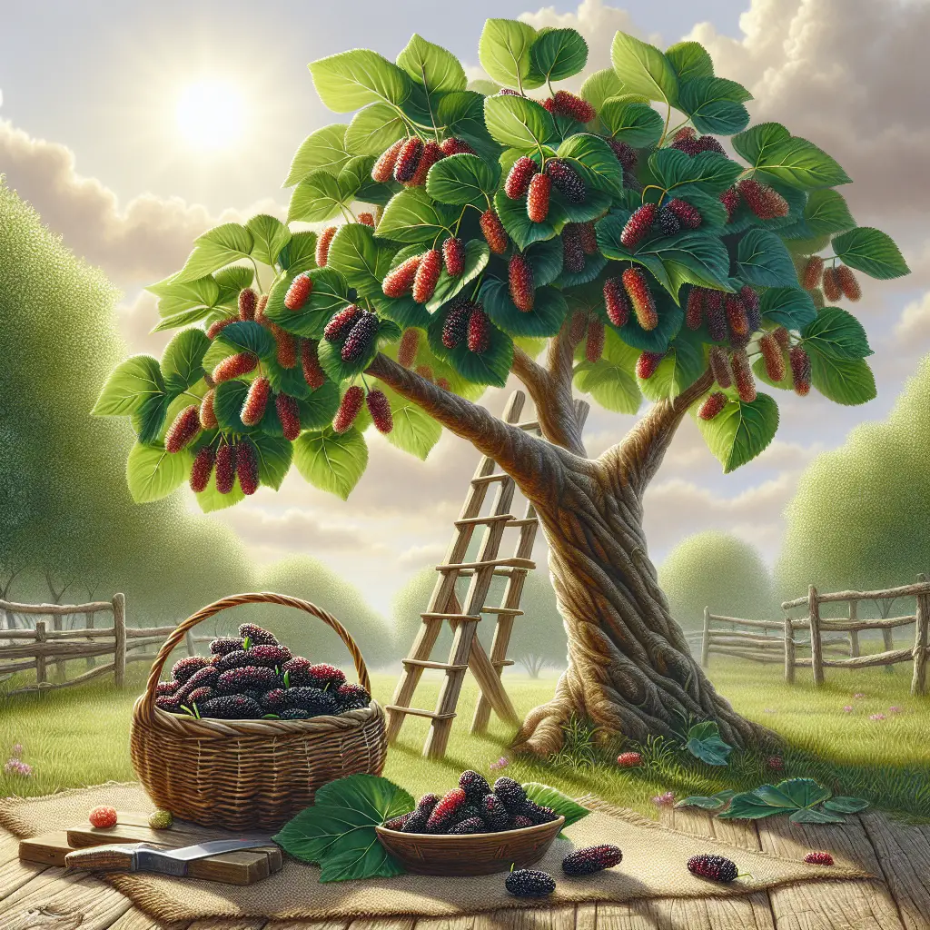 A meticulously cultivated mulberry tree, its branches heavy with ripe, juicy mulberries stands tall under sunny skies. Nestled in the lush green leaves, a few plump mulberries are visible, their deep purple hue indicating their ripeness. A rustic wooden ladder leans against the tree, suggesting a freshly completed harvest. Just beside the tree, a woven basket, scattered with mulberries, awaits the fruits of the next harvest. All the elements depict an unspoiled natural ambiance, with no presence of people or branding anywhere.