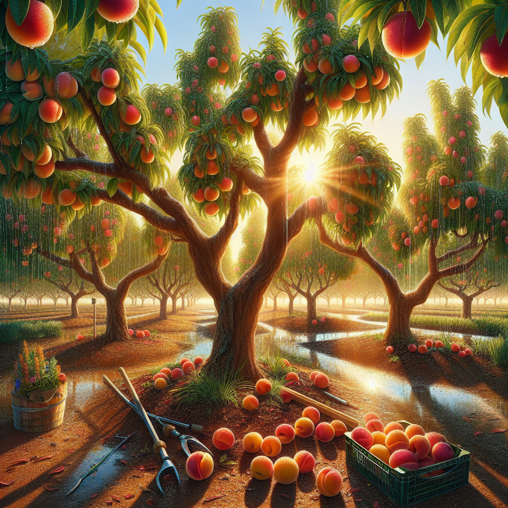 An idyllic scene displaying healthy and thriving nectarine trees on a sunny day. The trees in full bloom, their branches heavy with bright, vibrant nectarines ready to be harvested. Droplets of water, fresh from a morning sprinkle, glitter on the leaves and fruits. Beneath the trees, the fertile earth shows signs of good maintenance, with fresh mulch and neatly arranged gardening tools, like a pruning shear and a watering can. The warm sunlight streaming through the leaves makes a dappled shadow pattern on the ground. In the background, a clear blue sky stretches above.