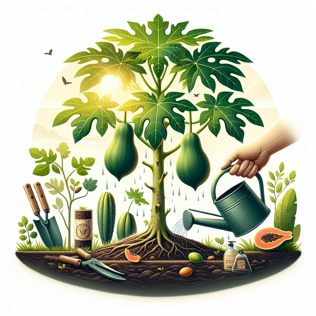 Illustrate a nurturing scene centered around a healthy, verdant papaya tree. While keeping the setting natural and tranquil, showcase essential care elements subtly. Integrate a warm morning sunlight, ripened papaya fruits drooping down, a gentle drizzle from a vintage watering can held by unseen hands, rich earthy soil at the base, and a mulch layer signifying its care. Besides, ensure a pair of sharp gardening shears and a bottle of organic pesticide placed at a safe distance. Do not include any text, people, or brand logos in any part of the image.