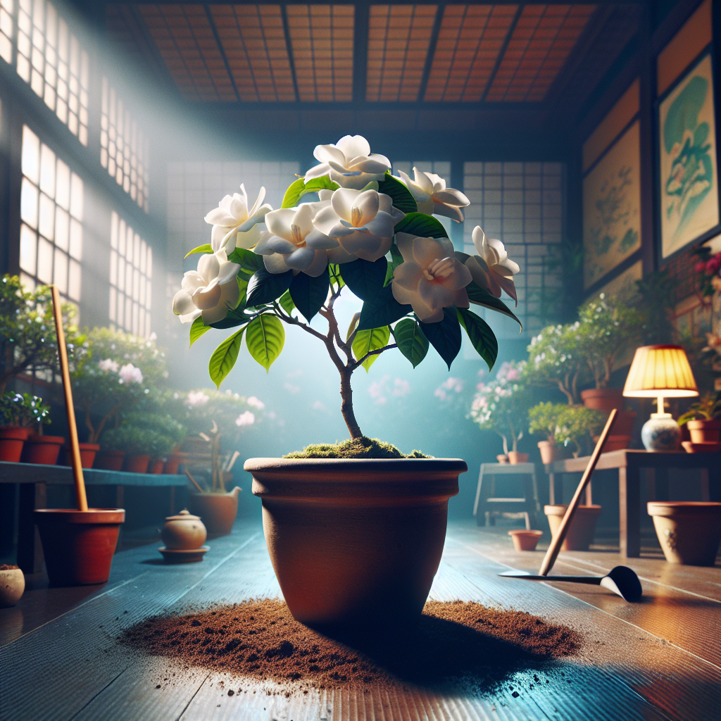 A vivid view into a tranquil indoor setting. Center stage is a gloriously healthy Gardenia Jasmine plant, its gorgeous white flowers contrasting sharply against its dark green leaves. The plant sits within a smooth terracotta pot, around which lies a gentle scattering of potting soil. In the background, a soft sunbeam pours in from a nearby window, bathing the Gardenia with a warm glow. Various indoor gardening tools are also subtly visible, indicative of the care provided, but there are no brands or logos visible on them. People have been intentionally excluded from this scene.