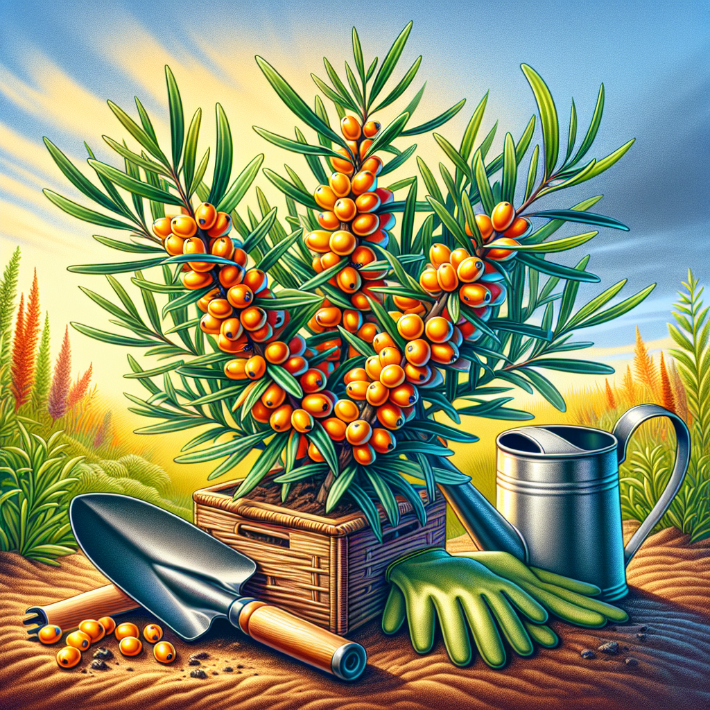 A picturesque depiction of a thriving sea buckthorn plant set against a vibrant background. An illustrative style accentuates the vivid, narrow leaves and dense, bright orange berries of the plant. Sunlight filters through, casting a warm glow on the shrub, emphasizing its vibrant colors. A simple toolkit with generic gardening equipment - hand trowel, watering can, gloves - lay nearby suggesting care and nourishment of the plant, but no brand names or logos are visible. The background landscape transitions from fertile soil at the bottom to a serene sky at the top.