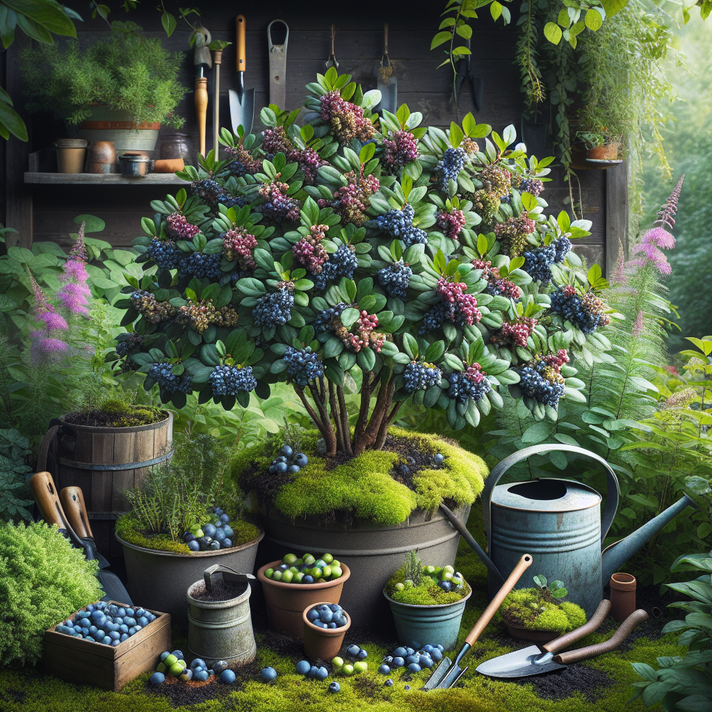 A lush garden scene showcasing a bountiful serviceberry shrub thriving under the ideal growing conditions. The healthy shrub showcases thick, green leaves and clusters of ripe, purplish-blue berries that seem ready for harvesting. Surrounding the shrub, we can see organic gardening tools like a watering can, fertilizer, and pruning shears, all suggesting the care involved in maintaining such a plant. Different stages of serviceberry growth are present, from flowering blooms to maturing fruit, underlining the growth process of these hardy plants. The environment is naturally lit, emphasizing the flourishing nature of the garden.