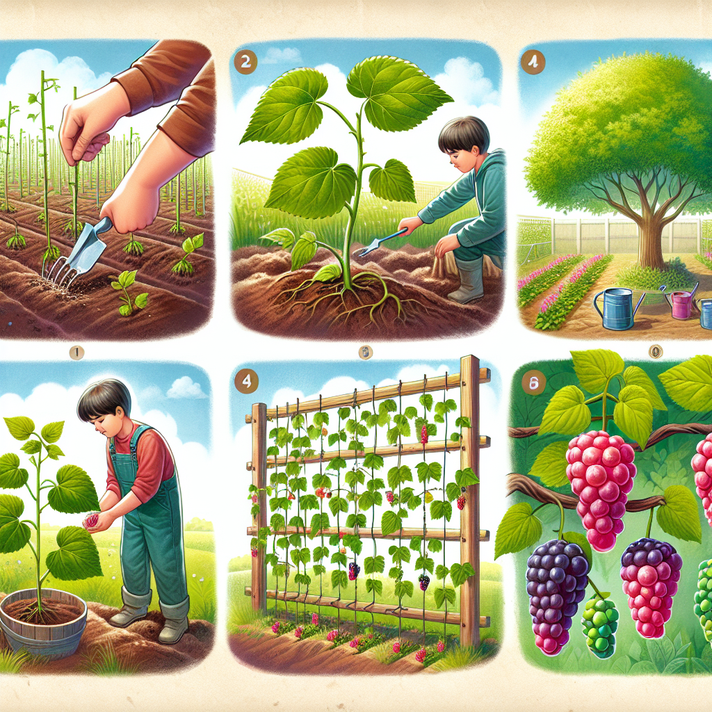 An educational illustration depicting various steps of cultivating and caring for boysenberries. The first scene shows bare soil being prepared and fertilized. The second scene presents young boysenberry plants being planted in well-spaced rows. The third scene portrays the emergence of green, leafy vines. In the fourth scene, a sturdy trellis is being put in place to support the growing plants. The fifth illustration shows vibrant, ripe boysenberries hanging from the trellis. There are no humans featuring in any of the depicted scenes. There are no brand names, logos, or any form of written text within the image.