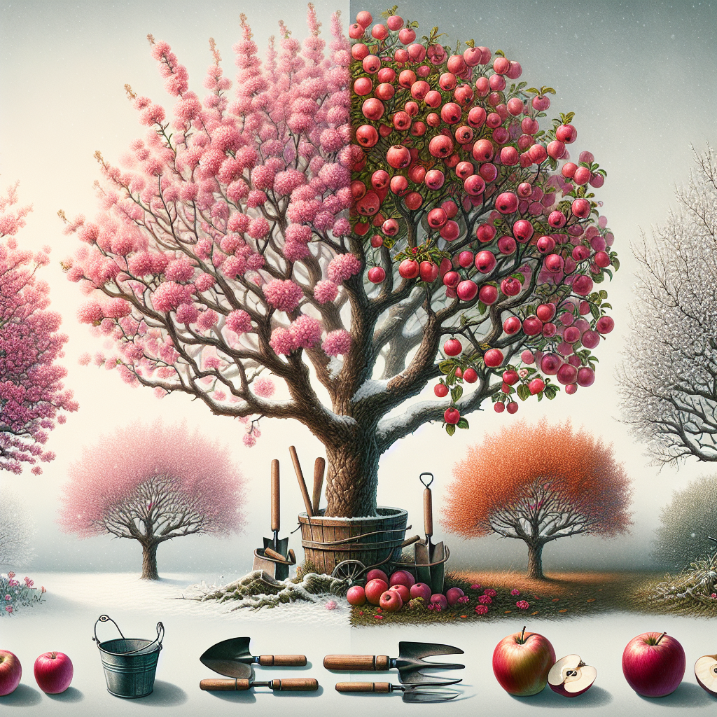 An image portraying the tranquil art of growing Crabapple trees. This image is divided into four separate segments, each showing a different season of the year. Starting with Spring, a tree laden with soft pink flowers, the transitions to Summer with its reddish small fruits, Autumn seeing the fruits maturing into beautiful ripe small apples, Winter showing a bare yet striking silhouette of the tree against a snowy backdrop. Add to the image a variety of tools traditionally used in horticulture, such as hand pruners, garden gloves, a small bucket, and a trowel, all arranged neatly around the tree, suggesting a well-maintained and loved garden. Make sure no people, text, brand logos, or names are visible, just the pure art and joy of gardening.