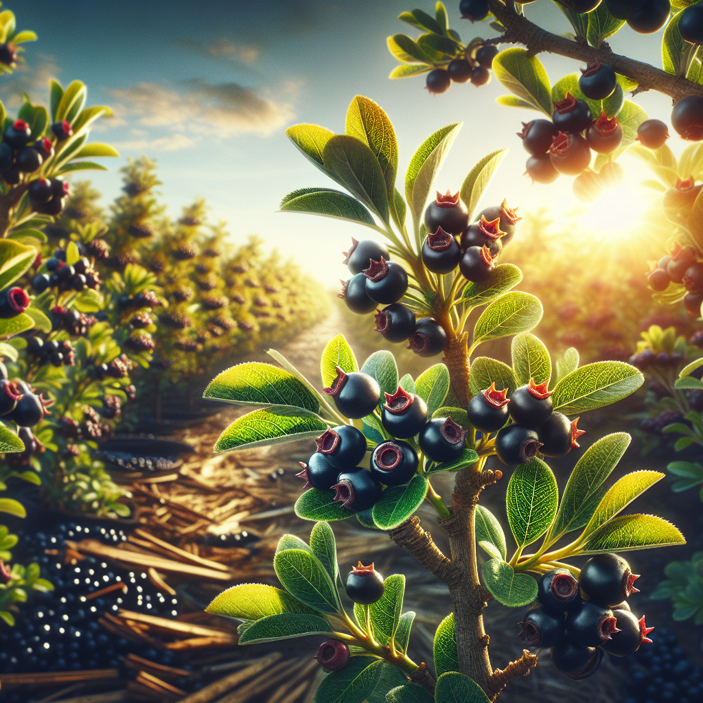 A beautiful and detailed look into a chokeberry farm, showing numerous thriving Aronia Berry plants flourishing under the glow of sunlight. The plants are vibrant with their serrated leaves that are intensely green, contrasting with the deep, dark chokeberries. Close-up views reveal intricate details of the branches, leaves, and berries. The farm is vast, portraying a serene rural scenery comprised of fertile, nutrient-rich soil, sunny skies, and a few scattered tools used for cultivation. The image projects a warm, welcoming ambiance, instilling a sense of tranquility without including any people, brand names, logos or text.