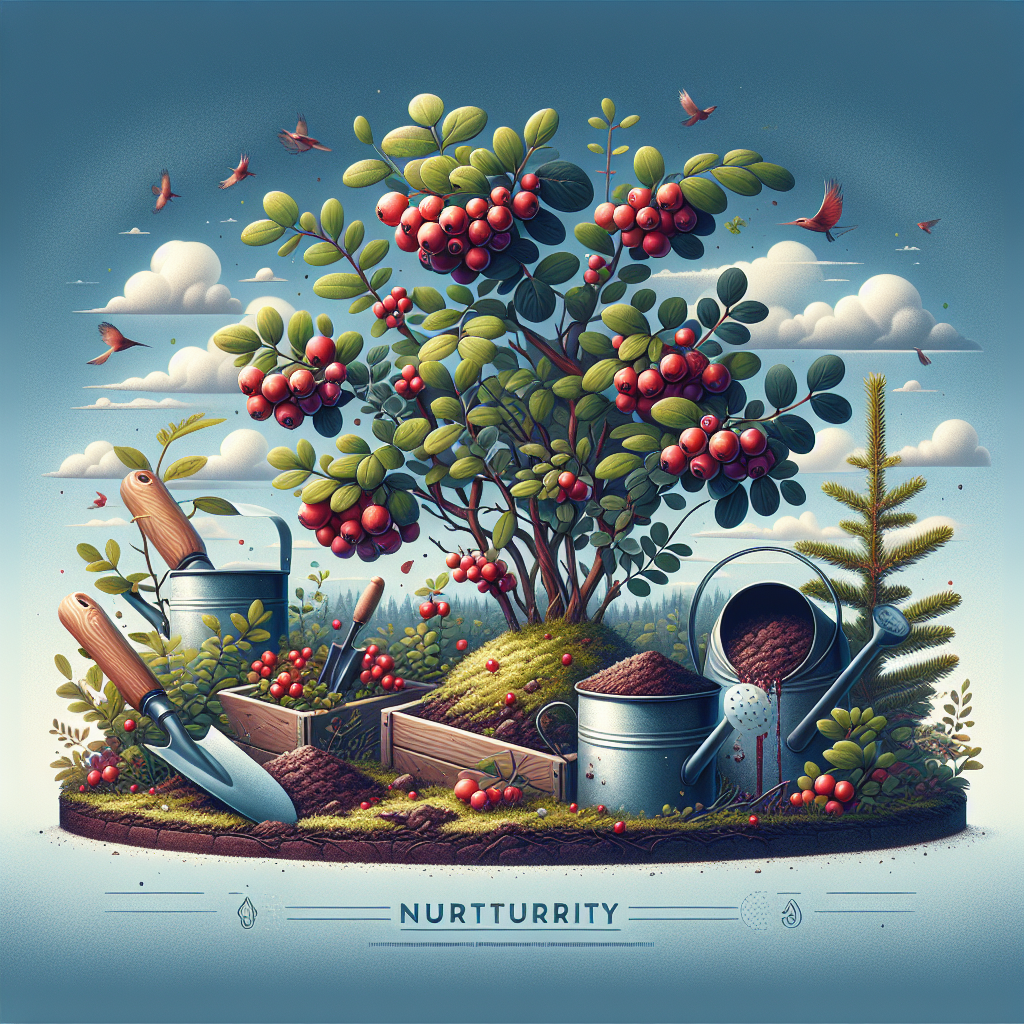 An image showcasing an aesthetic representation of a garden nurturing hardy Lingonberry plants. The scene should encapsulate the process, exhibiting rich soil, flourishing lingonberry bushes with vibrant red berries, and a garden trowel nearby. Featured elements should include a well-cared watering can and a pile of organic compost, suggesting means for nurturing, but avoiding the inclusion of human elements. The background should be expressive of a serene blue sky with a few fluffy white clouds, while the foreground is dominated by flourishing greenery and splashes of bright red from the Lingonberries.