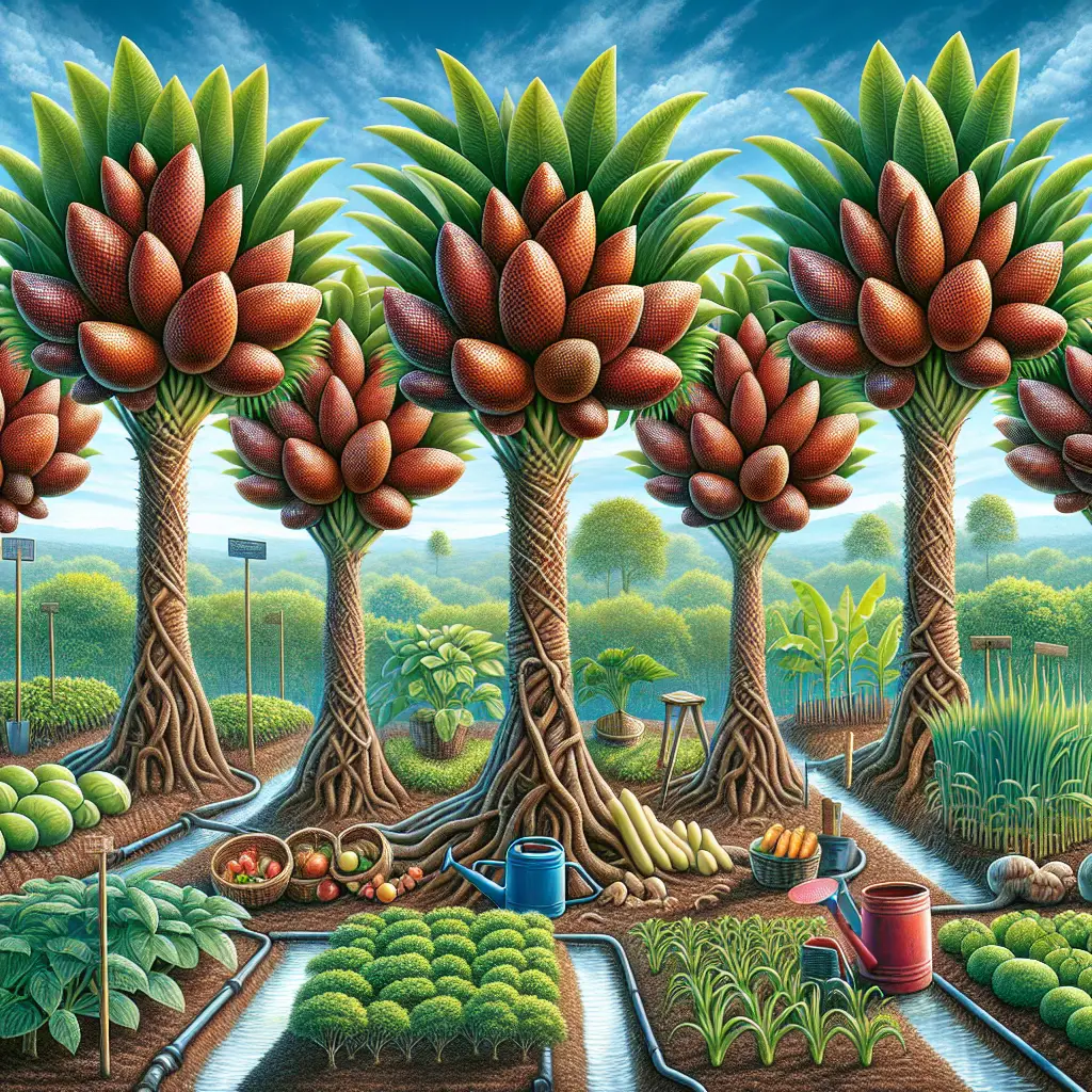 A visual depiction dedicated to Salak (Snake Fruit) cultivation. The image presents an assortment of mature Snake fruit trees, with distinctive spiky bark, contrasting against a blue sky. Each tree bears the unique Salak fruit, unmistakable with its reddish-brown scaly skin, suggesting maturity. A well-kept vegetable garden surrounds the trees, showcasing a variety of green leafy plants. Tools for gardening, such as a rake and a hoe, are thoughtfully placed nearby. Completing the imagery are proper irrigation channels demonstrating an optimal water distribution system.