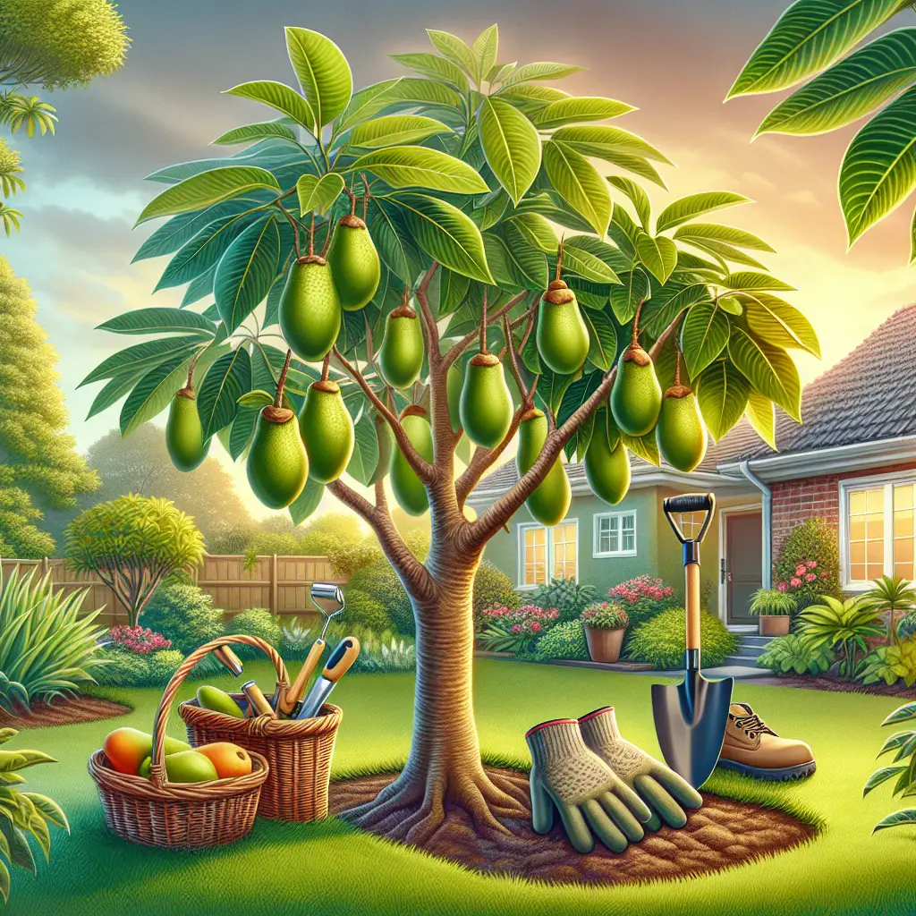 A vivid image illustrating backyard farming concept with a focus on Pawpaw trees. Picture lush green Pawpaw trees, thriving in a well-kept suburban backyard setting. Meticulous care is reflected in the healthy, grooved bark of the trees and the vibrantly green, oval leaves. Ripe, juicy Pawpaws hang from the branches, ready for harvesting. A pair of durable gloves, a garden trowel, and a small harvesting basket are set near the base of the trees. All elements of the image are devoid of any text, brands, logos, or representation of human figures.
