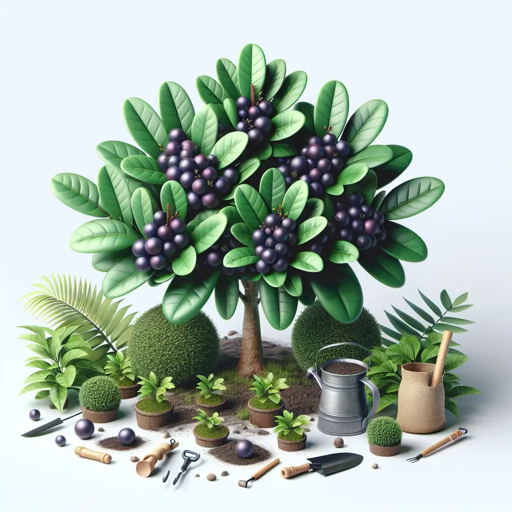 An image that visually represents the cultivation and care of Açaí Berry Plants. The scene includes a verdant açaí berry plant in the center, exhibiting a rich, healthy foliage and ripe, dark purple berries. There are organic gardening tools nearby and a small jug of water. There isn't any text, people, logos, or brand names. The environment suggests that it's optimal for the growth of the plant with adequate sunshine. Its leaves are vibrant, suggesting it's been kept hydrated and nurtured properly.