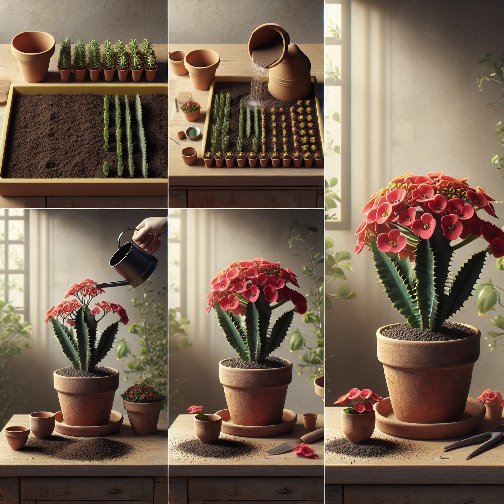 An image depicting the process of indoor growth of Euphorbia Milii, also known as the Crown of Thorns plant. The scene begins with a neatly arranged potting table that has a terracotta pot, a small pile of potting soil, the Crown of Thorns plant and a watering can. Another part of the image shows the plant in full bloom with vibrant red flowers, situated on a well-lit windowsill. The atmosphere suggests a calm, nurturing environment, perfect for indoor plant growth. Care is taken to not include any people, textual elements, brand names or logos in the visual.
