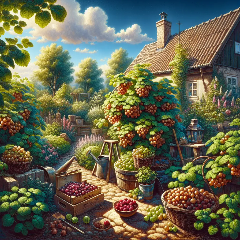 A quaint garden at the peak of summer sunlight, showcasing a rich bounty of plump, ripe gooseberries. These delicious looking berries are growing on thick green bushes underneath cloudless blue skies. The garden is dotted with other plant varieties, contributing to its lively and natural look. In the picture are also some well-maintained garden tools and a watering can, hinting at the diligent care that has been employed in cultivating these delightful fruits. Everything in the garden, from the fertile soil to the radiant sunlight and the succulent gooseberries, inspire a sense of harmony and natural abundance.