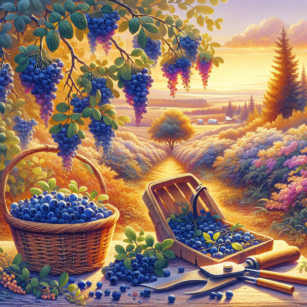A picturesque landscape of a huckleberry farm during the harvest season. Matured huckleberry bushes are evident, showing thick clusters of ripe blue berries dangling off the branches. With the soft golden hues of the afternoon sun in the backdrop, the picture provides a wonderful contrast of colors. There's also a grand vista of the surrounding countryside. Lastly, a glimpse of gardening tools - including a simple basket for collecting berries, a small spade, and hand pruners - conveniently placed near the bushes, indicating ongoing harvest activities.