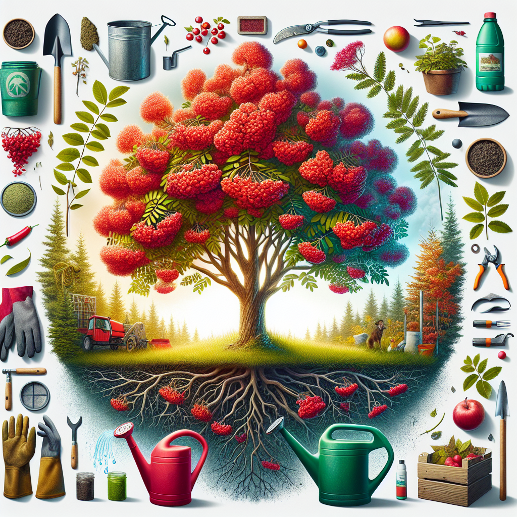 A holistic view of the care for Rowan trees, capturing their unique characteristics and the rich, red berry clusters they produce. Included in the image are tools common to arboricultural practices such as a watering can, pruner, garden gloves and organic fertilizer, all represented without labels or brand names. The focus is on a vividly colored Rowan tree, vibrant with life, standing at the center of the frame. It is surrounded by a rich ecosystem, evidencing the result of effective care. The seasonal cycle of the tree, from winter bareness to explosive summer growth is represented in quadrants around the main tree.