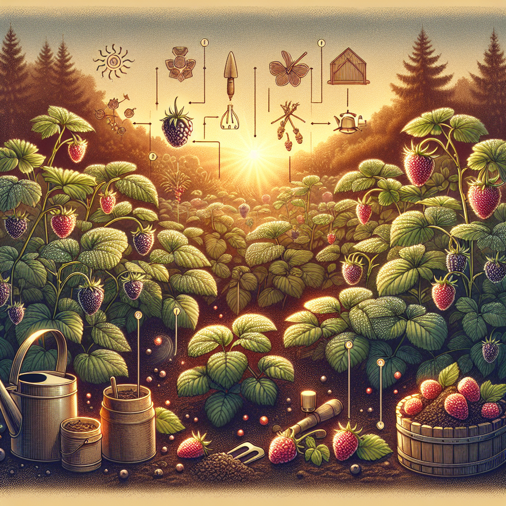 Create an image portraying a lush garden scenery filled with dewberry plants flourishing under the gentle rays of a sunset. Every single plant is covered with crystalline droplets reminiscent of morning dew, reflecting the warm light adding to the tranquil ambiance. Amidst the foliage, ripe and juicy dewberries are seen, signifying successful cultivation. Around the garden, there are symbols and items representing gardening techniques, such as a watering can, a pile of compost, and strategically positioned trellises, all without brand logos or identifiers.