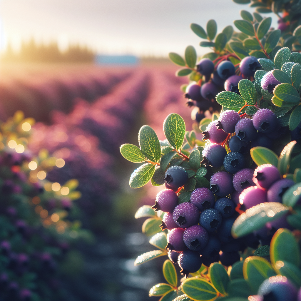 An extensive saskatoon berry farm bathed in soft daylight. Close focus on a cluster of ripe, purple saskatoon berries hanging from a bush, their vibrant hue set against the rich green foliage. Dew drops glistening on the berries' surface, indicative of a fresh morning harvest. No visible text, brands, or people, keeping the attention solely to the thriving fruitage. In the background, a vast array of identical, meticulously aligned bushes symbolizing a well-cultivated, fertile farmstead ready for a bountiful harvest.