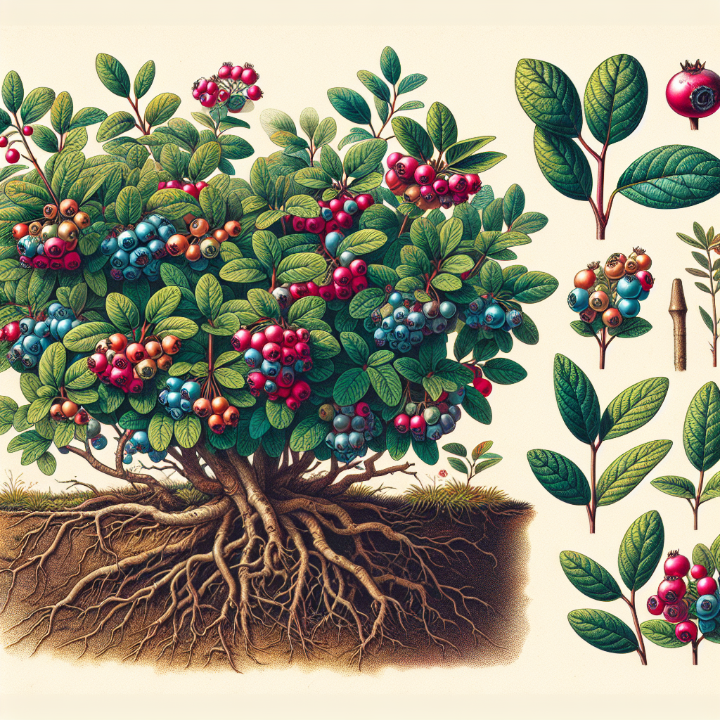 A detailed illustration of buffaloberry plants thriving in a garden. The image showcases full-grown plants loaded with richly colored berries, demonstrating good health and growth. The plants are depicted with complex root systems, indicative of their hardy nature. Close-ups of leaves and berries, characterized with detailed texture, provide an in-depth look at the plants. The absence of human figures underscores the focus on horticultural elements. No brand-name tools or products are present, nor is there text on any depicted items, upholding an aesthetic of natural simplicity. The scene is vibrant and filled with color, illustrating an aesthetically pleasing and successful garden setting.