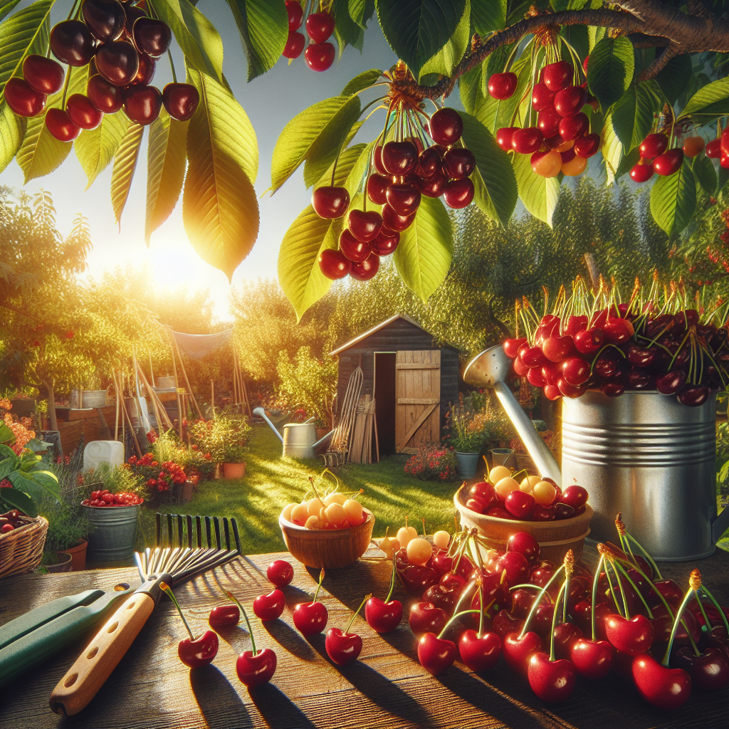 A lush cherry orchard, bathed in the light of a warm afternoon sun. Both sweet and sour cherry trees are scattered throughout, bearing fruit in an array of deep reds and bright yellows. Close up on some of the cherries, showing a healthy shine on their skin. Scattered around are some pristine gardening tools like a watering can, a rake, and a pair of garden gloves, hinting at the care taken in maintaining the orchard. In the background, a garden shed, where these tools are stored when not in use.