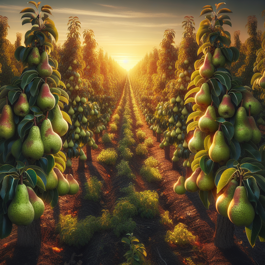 A picturesque pear orchard radiating health and bounty. In the foreground, a few pear trees are heavy with ripe, juicy pears suggesting an impressive yield. The row of trees stretches back into the horizon, implying the vast scale of the orchard. The soil around the trees looks rich and well cared for, and the orchard is bathed in the warm, soft light of early morning. No humans or man-made objects are present, only the pure beauty of nature growing bountifully. Myriad leaves on the trees shimmer under sunlight; some are speckled, indicating a variety of healthy trees producing diverse fruits.