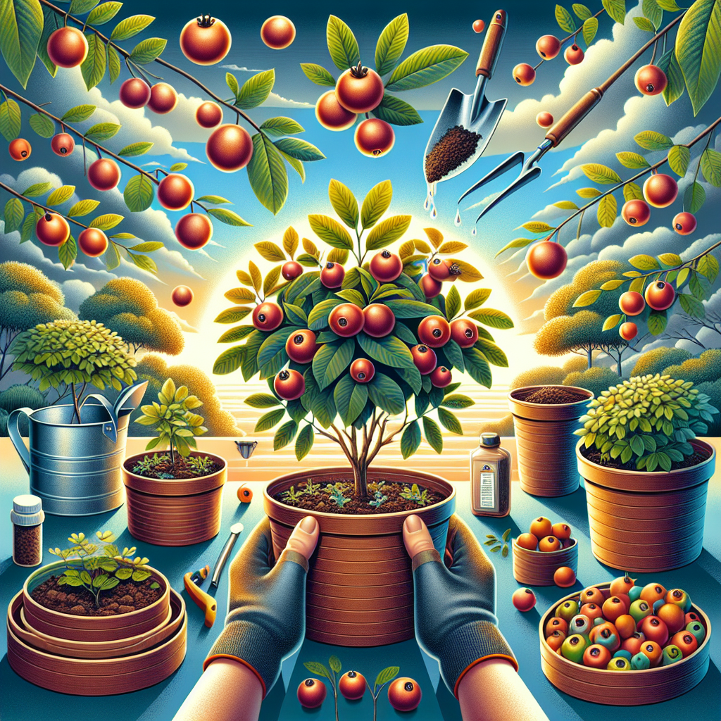 A vibrant and appealing image showing the process of growing and caring for Mayhaw Berries. The picture should capture the essence of a nurturing environment which fosters the growth of the Mayhaws. It should include pots of various sizes with flourishing Mayhaw Berry plants, a hand-held trowel, a water can, some organic compost, and gloves, reflecting the care involved in the process. Additionally, the berries themselves should be prominently displayed, showcasing their rich, enticing colors and demonstrating their ripe, flavorful appeal. The entire setting should be outdoors, beneath a clear blue sky, also depicting a beautiful, peaceful, natural environment. Please ensure no text, brand names, logos or people appear in the image.