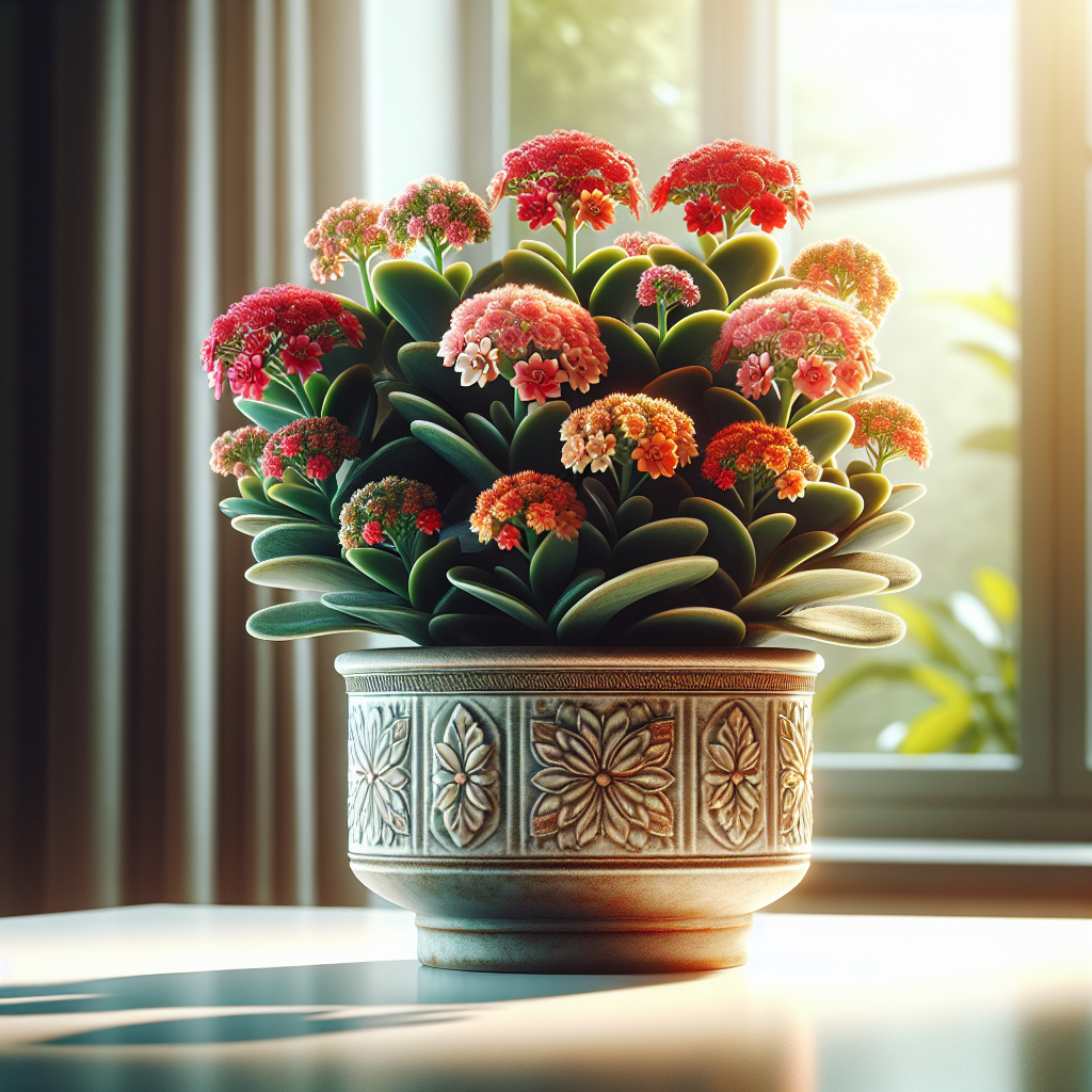 Imagine a healthy, vibrant kalanchoe blossfeldiana plant in an elegantly designed ceramic pot. The indoor plant is the centerpiece of a setup with sunny natural daylight illuminating it. The leaves are dark green, thick and fleshy, showing it’s been well cared for. The flower clusters explode in a riot of color, showcasing the vivid blooms in many shades of red, pink, and orange. No people, text, brand names or logos are present in the scene. The plant rests on a white table, contrasting the rich greens and warm tones of the flowers. The background is intentionally blurred to put focus on the beautiful indoor plant.