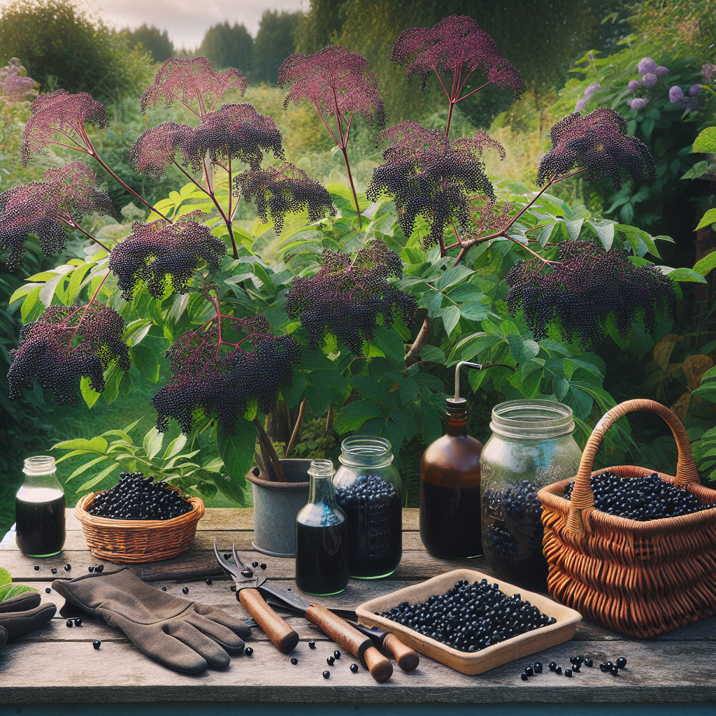 A tranquil image of an elderberry garden filled with mature elderberry bushes. The bushes are indicative of a stage ready for harvesting, with dark purple berries hanging in clusters. Alongside the bushes, there are a few mason jars prepared to be filled. Display also key tools a gardener may need in this endeavor, such as gloves, garden shears, and a basket for the harvested berries. The garden is set in an idyllic countryside setting with nature all around. Capture the authentic essence of gardening without showing any humans, brands, or text.