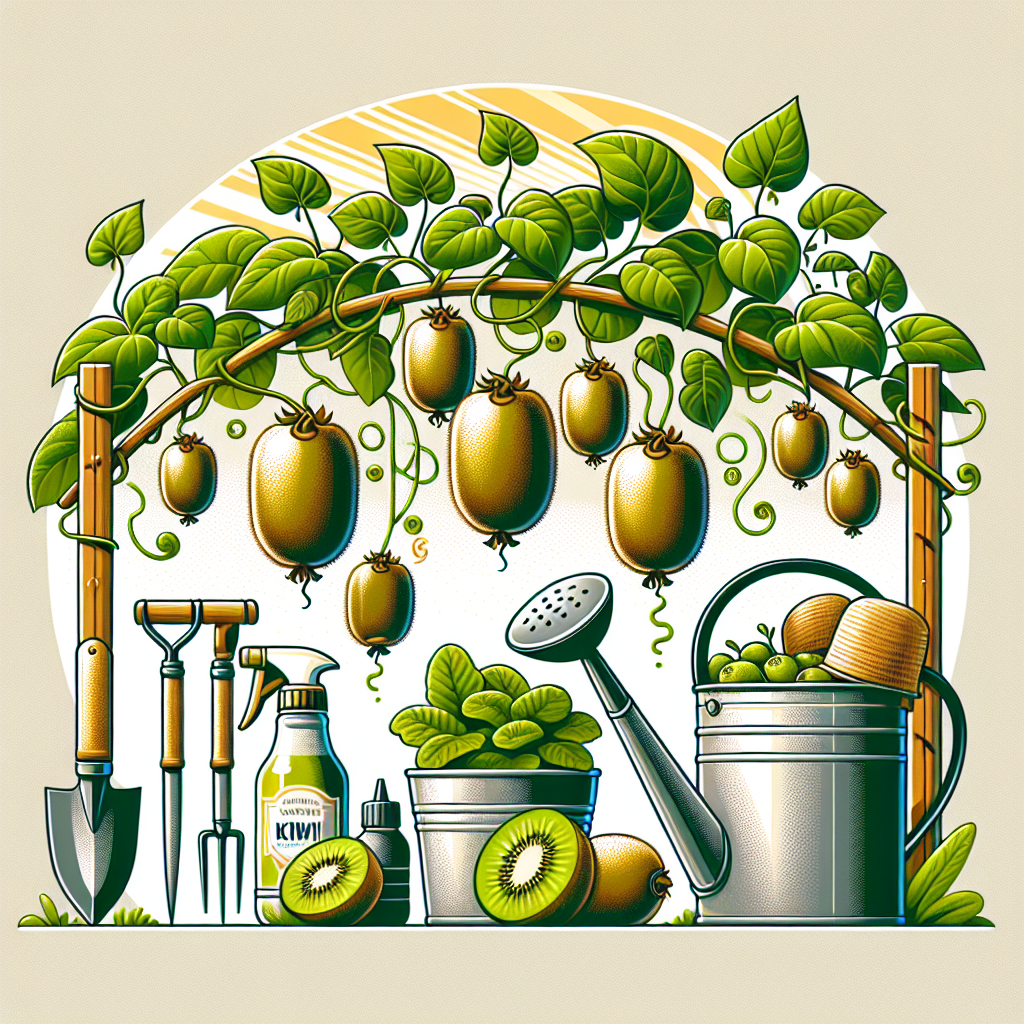 Create an image showcasing the process of growing and caring for kiwi plants. The image should include a healthy kiwi vine with ripening kiwifruits hanging from it. The scene should portray a sunny, suitable ambient for the growth of kiwi plants; possibly the trellising on which the vine is cultivated. Include essential gardening tools such as a small spade, a watering can, and a hand pruner placed neatly next to the kiwi vine. Make sure no brands, logos or text elements are visible in the image. There shouldn't be any people in the image.