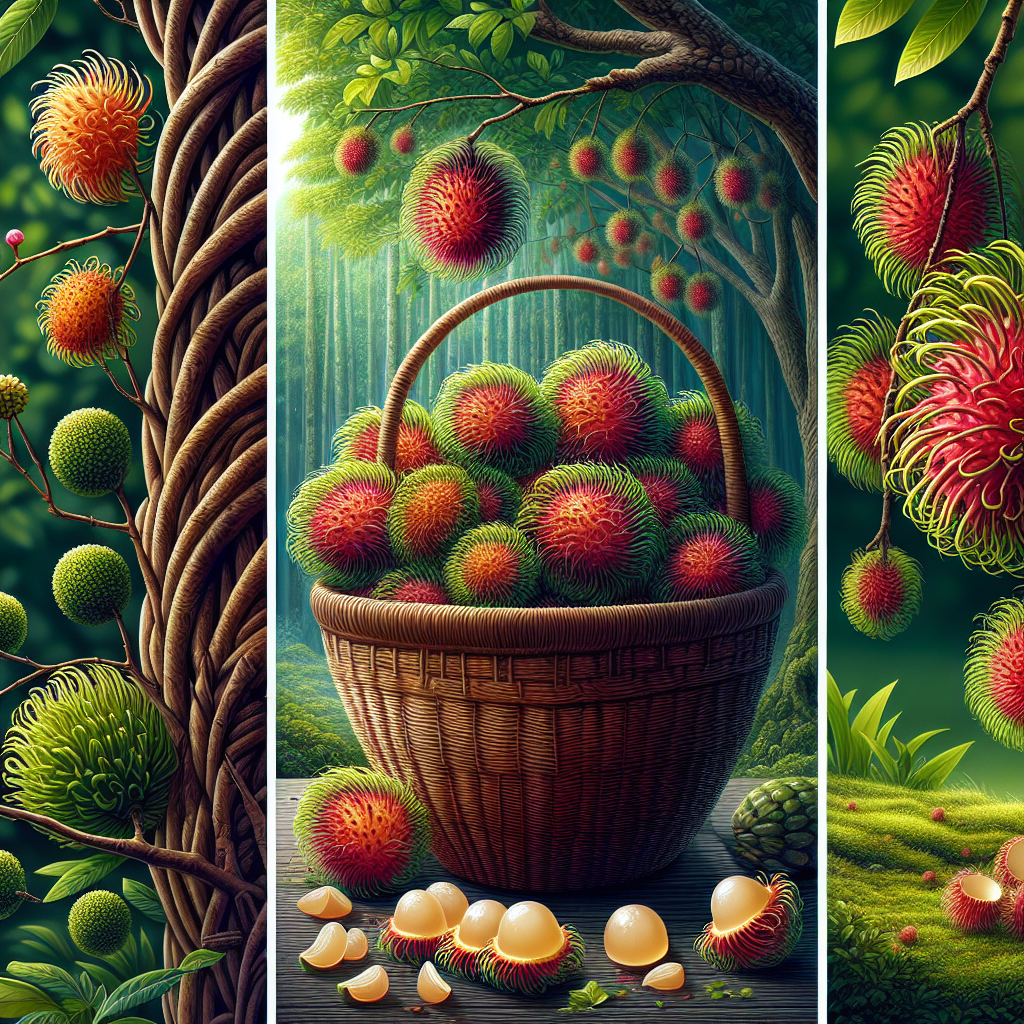 An imagery rich in luscious greenery. Focus on three stages of the life cycle of rambutan. On the left side, a detailed depiction of the tiny blossoms and young rambutan fruits developing on the branches of a tree. On the center, a mature rambutan tree heavy with ripe fruits, the reddish-peel fruits hanging attractively from the branches. On the right side, a harvested pile of rambutan fruits placed neatly in a woven, generic basket on the grassy ground, not bearing any branding or logos. The glossy and spiky yet tempting peel of the fruits alluringly contrast against the green backdrop.