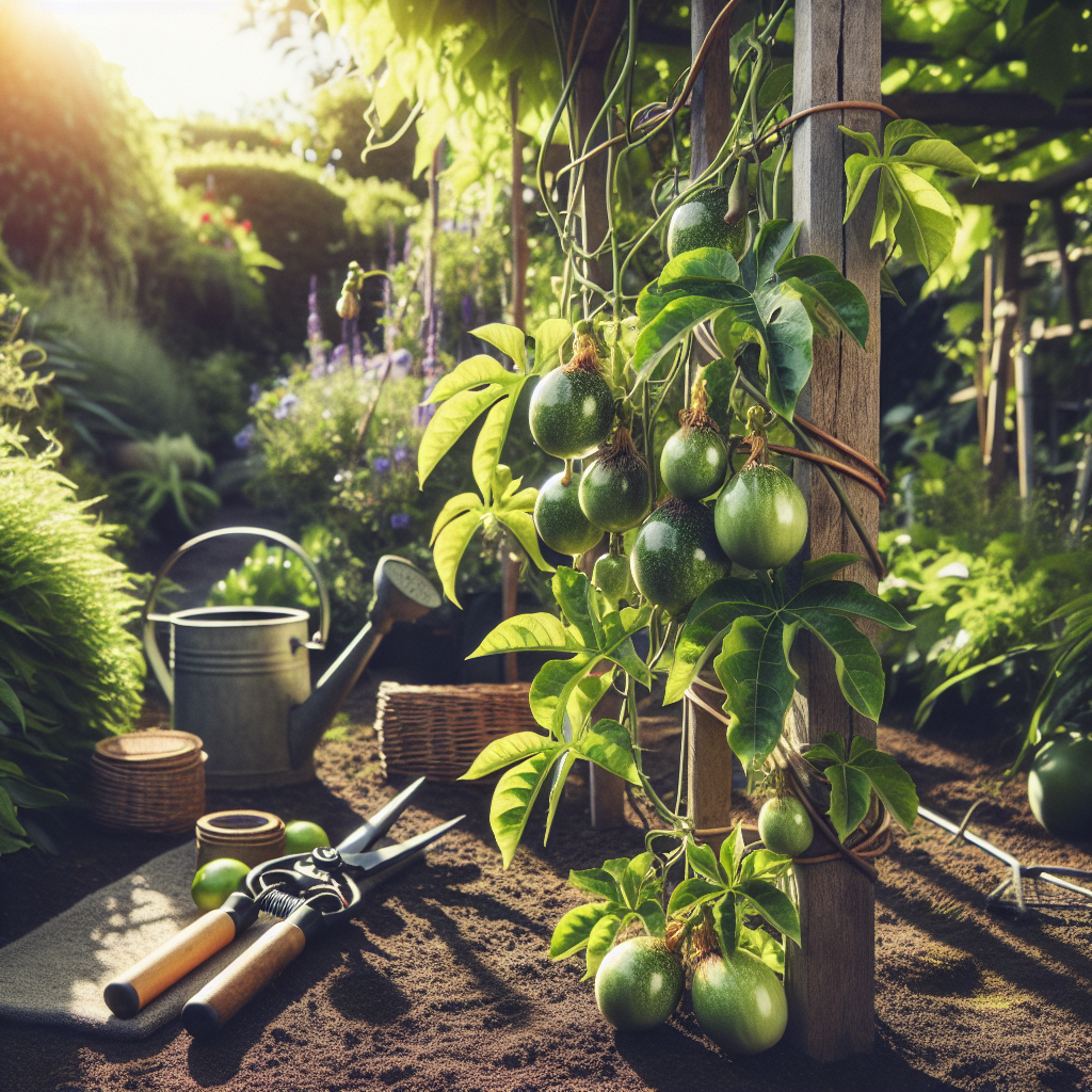 A sunny garden teeming with greenery, the healthy leaves of a passionfruit vine are in focus, climbing onto a sturdy wooden trellis. The vine is laden with passion fruit in various stages of growth, from tiny buds to green immature fruits, and a few ripening ones showing hints of purple. Garden tools like a gently used pruners, a weathered watering can, and a comfortable kneeling pad, are situated nearby on the well-tamed soil, ready to aid in garden maintenance.