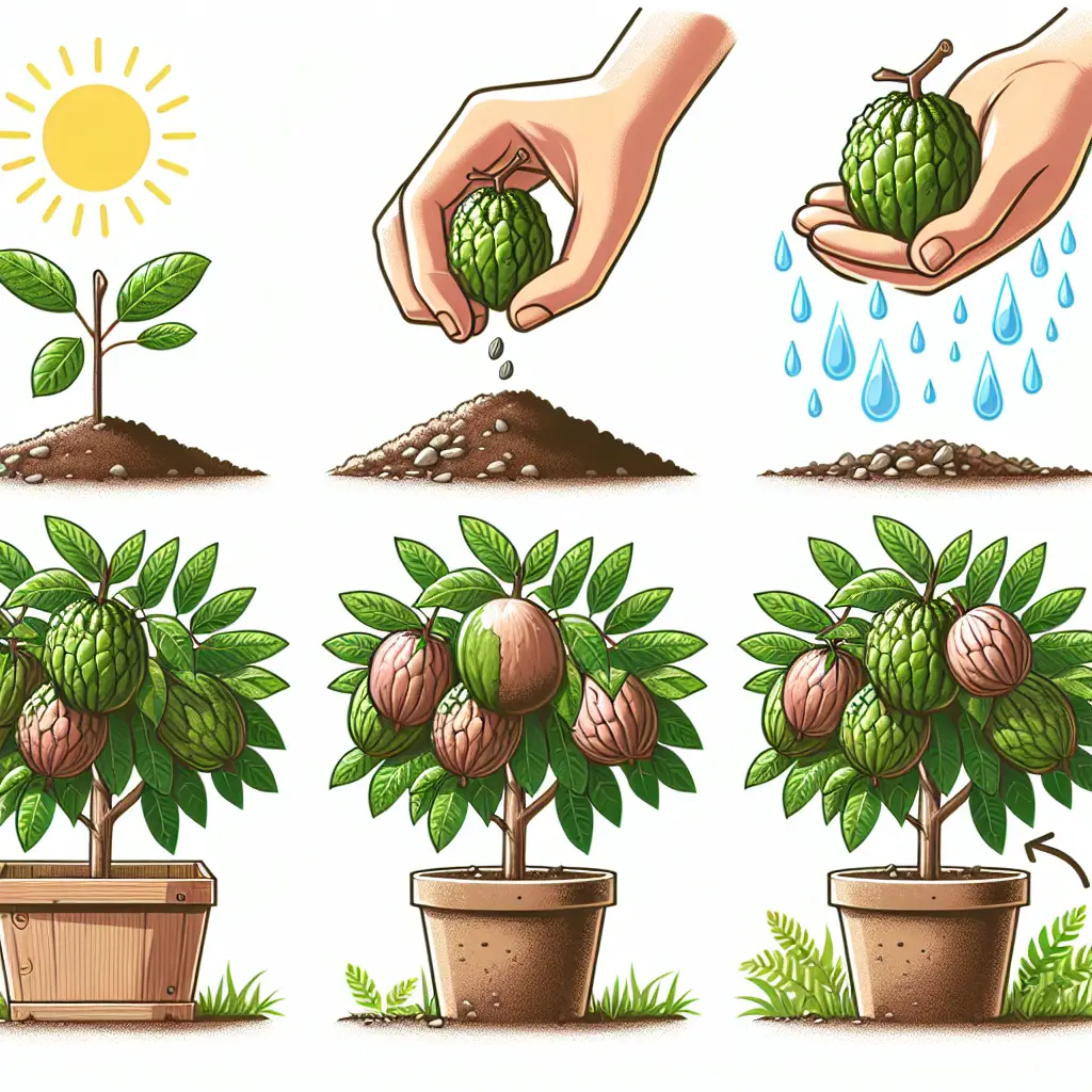 Create an illustrative image showcasing the process of growing Cherimoya. Begin with the planting of a seed in fertile soil, sunshine providing necessary light, rain nurturing the growing seedling, then transforming into a small tree laden with Cherimoya fruit. No people should be shown in the scene, nor any brand names or logos. Do not include text on any items, and no indoor planting container - the cherimoya tree should be in a natural outdoor setting.