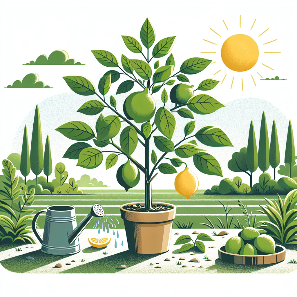 An illustration showcasing the process of successfully growing Citron. The image portrays a thriving citron plant situated in a conducive environment. It has healthy, dark green leaves and a couple of ripe fruits hanging from its branches. Also present are bright sunlight falling on the plant for photosynthesis, a watering can nearby indicating proper hydration and a handful of citron on the ground, indicating a successful harvest. All around, the scenery is tranquil and serene without any human presence, brands, logos or text.