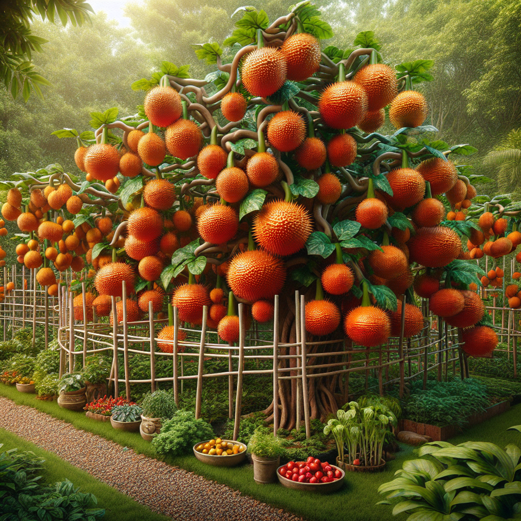 A lush and fertile garden showcasing a gac fruit plant in full bloom. The plant sprawls across a network of trellises and stakes, punctuated with ripe, spiky gac fruits in a vivid orange-red hue. The unique structure of the garden suggests careful cultivation and maintenance for optimizing health and nutrition from the fruit. Also visible in the scene are small to medium-sized tools for tending to the gac plant. An assortment of other healthful vegetables and herbs add color and diversity to the garden. There are no people or recognizable brand names in the image.