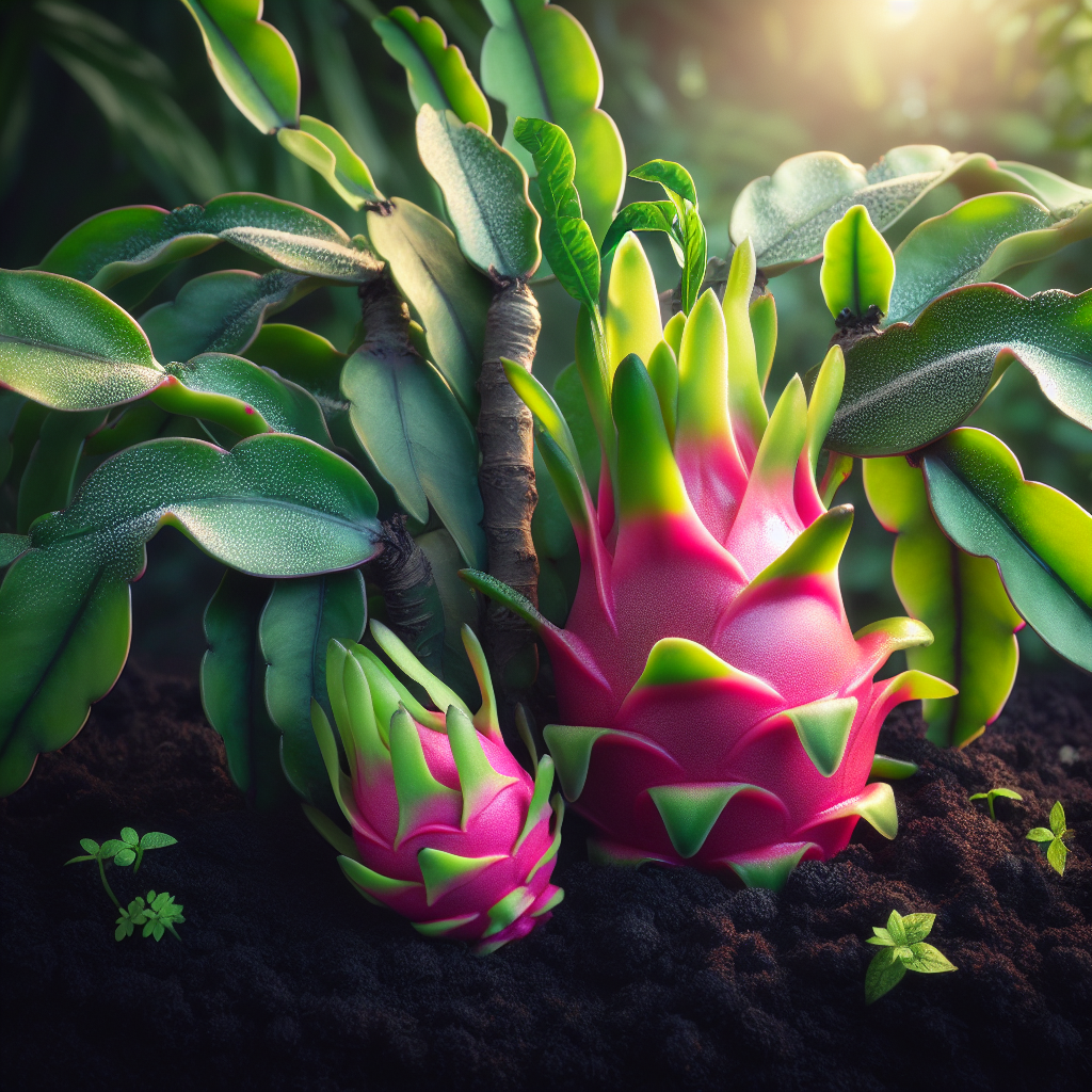 An image showcasing the process of nurturing an exotic dragon fruit in a garden. A vibrantly pink dragon fruit plant, sprouting from black, fertile soil, cleverly screen the periphery of the picture, highlighted under the soft glow of sunshine. Leaves of these plants are broad and rich green, with a rough texture, studded with thorny protrusions, and curling subtly at the edges. Amidst the leaves, a mature dragon fruit hangs, vibrant pink with green scale-like leaves sprouting from its skin. Beside it, an immature dragon fruit can be seen, smaller and green, yet-to-blossom. No text, people, or brand names are included in the scene.
