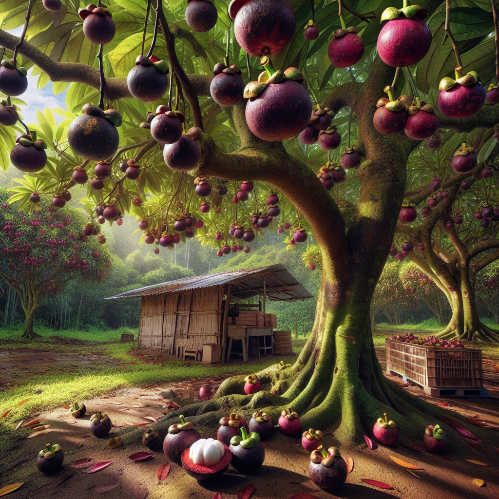 A vibrant and lush mangosteen orchard with fully grown trees. Thick branches bear clusters of dark, glossy leaves and round, purplish-red mangosteens hanging from them. One tree has a low branch, with a single mature fruit cut open, revealing the soft, white interior. The ground beneath is a patchwork of sunlight and shade, with fallen leaves creating a natural mosaic. In the background, a small wooden shed for storing hand tools, cardboard crates, and woven baskets to harvest the fruits. All under a clear, blue sky.