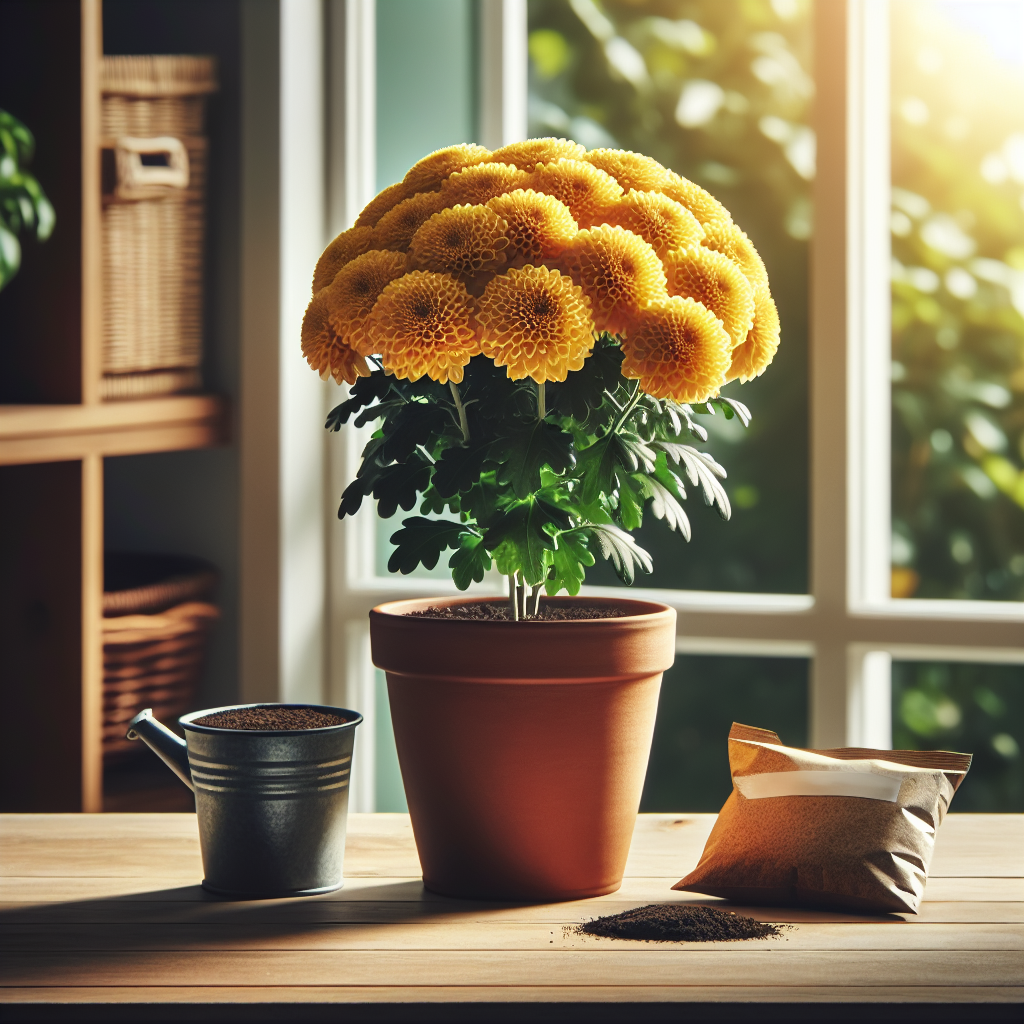 A beautiful bright golden potted chrysanthemum placed on a wooden table by a window receiving indirect sunlight. The chrysanthemum is in full bloom, with a multitude of flowers creating a spectacular round burst of color. The pot is a simple terra cotta one, devoid of any brands or logos. Beyond the window, a blurred garden view, further emphasizing the indoor setting. Nearby lies a watering can and a small bag of organic soil conditioner, again, unbranded and generic. The whole scene speaks of comfort, nurturing, and the beauty of growing plants indoors.