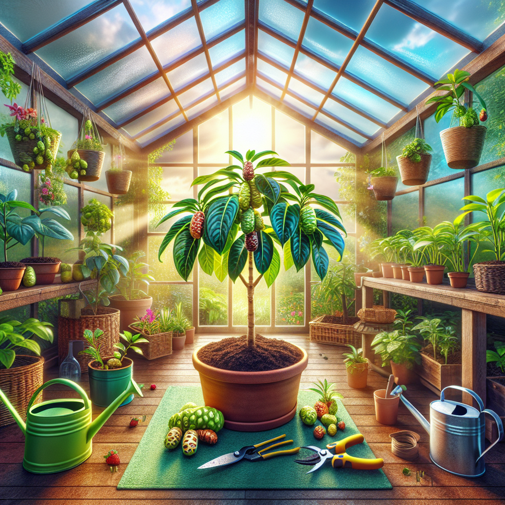 A vibrant image of a well-maintained mini greenhouse at home, filled with thriving Noni fruit plants bearing ripe fruits. The surrounding area is decorated with gardening tools like watering cans, pruning shears, and a small spade. Rays of sunlight filtering through the transparent roof of the greenhouse, casting a heavenly glow on the Noni plants. The flooring is covered in rich, fertile soil ready for potting. In the background, views of other plant pots filled with various green saplings can be seen. Note that no people or brands should be present in this image.