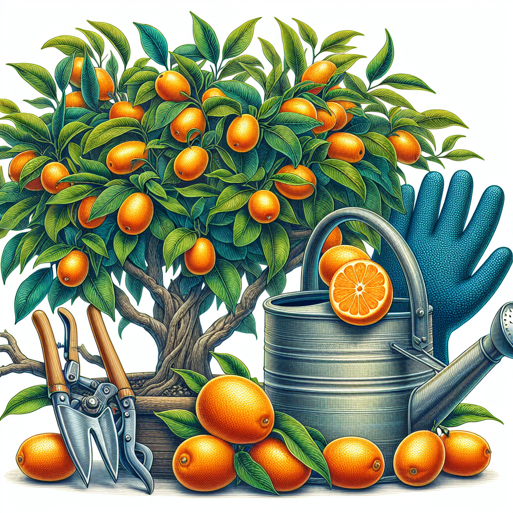 An elaborately detailed, colorful illustration showcasing two primary aspects: a lush kumquat tree, laden with vibrant, ripe orange fruits with detailed leaf texture, implying the outcome of successful growth; and a pair of gloves and garden pruners resting next to a watering can, subtly hinting at the consistent care involved. No human figures present in the image, and also ensuring that there are no text, brand names, or logos within the picture.
