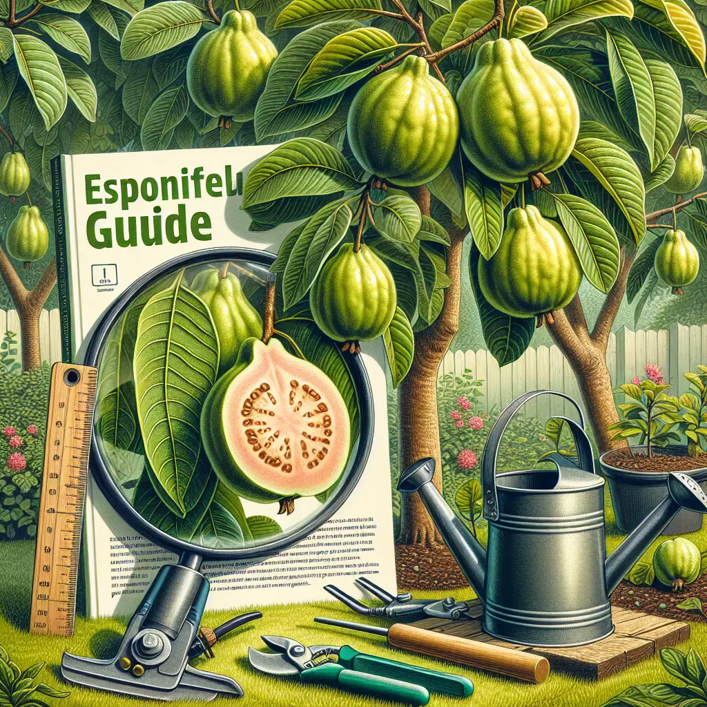 An illustrated guide cover showing several lush guava trees bearing ripe fruits in a well-maintained backyard garden, implying responsible home gardening techniques. Close by, a watering can, a pair of gardening gloves, and a pruner sit, ready for use. One corner of the scene includes a magnifying glass focused on a single guava leaf, highlighting its detailed veins indicating proper care and attention given to each plant. The atmosphere is radiant with sunlight, subtly suggesting the optimal growth conditions for these tropical trees. All items are devoid of text and logos.