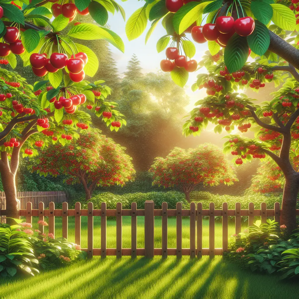 Picture of a lush green backyard filled with blooming Surinam cherry trees. The cherries are vibrant red, hanging plump and ripe from the branches. The sun is shining overhead, casting dappled light through the leaves onto the grass below. A picturesque little wooden fence outlines the yard, without any signage or text. There are no humans in the scene, highlighting the tranquility and natural beauty of the backyard. The scene is peaceful and serene, reflecting the satisfaction of successfully growing your own fruit trees. A depiction where there are no brands or logos, maintaining the purity of nature.