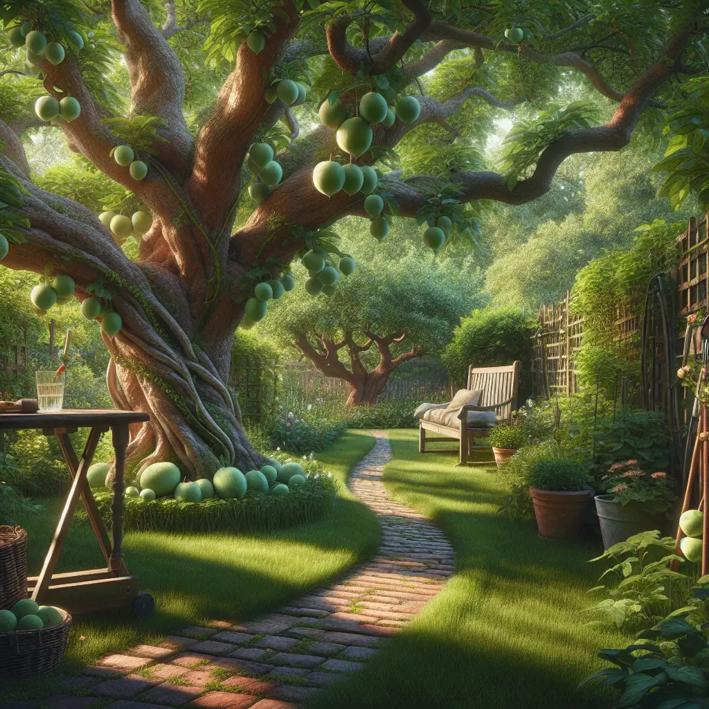 An ideal English garden scene featuring sweet sop trees. The trees are maturing and bear ripe, round, succulent fruits. The bark is rough yet the leaves display a vivacious, healthy green color. Thick vines bear along the fence, their tendrils reaching out towards the sky. A carefully laid brick path zigzags through the lush green grass, leading to a rustic wooden bench at the far end of the garden. Soft shadows under the tree canopy suggest a warm, summer day. A small glass table stands near the bench with gardening tools and gloves, ready for the cultivation process. Nearby, a bird bath with a few chirping birds creates a harmonious ambiance. The entire scene exudes serenity and the joys of gardening, with no human figures, brand names, logos, or texts present anywhere in the image.