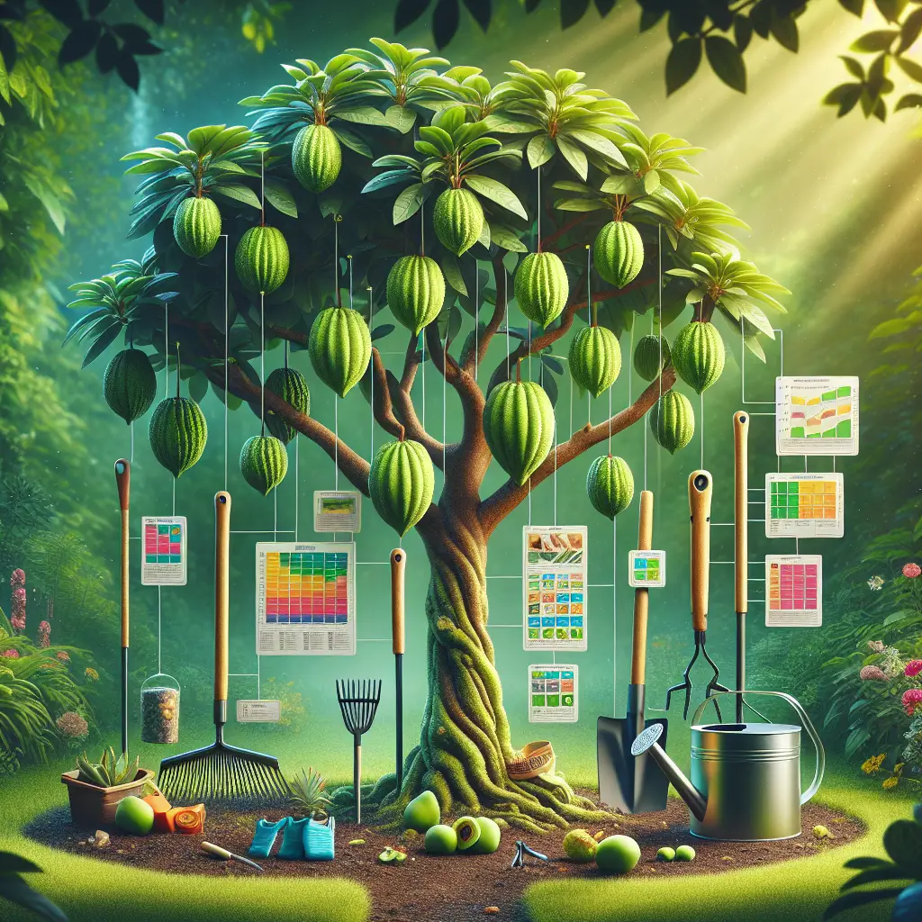 A detailed visualization of a cherimoya tree flourishing in a verdant garden. The tree is laden with its distinctive green, heart-shaped fruit, surrounded by an assortment of well-maintained gardening tools. The enriching sunlight filters through the thick leaves of the tree, highlighting a nearby watering can, a rake, a pruning shears, and a pair of protective gardening gloves. A colorful chart hanging from the tree visually represents the tree's growth cycle and crucial care pointers. There are no people present, no text anywhere in the image, nor any brand names or logos.