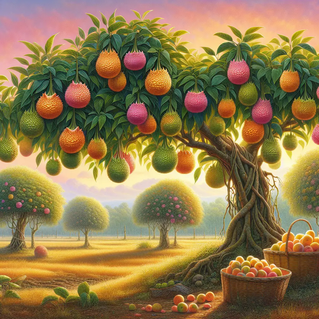 A vibrant depiction of the cultivation process of the unique Ugli fruit. This includes an outdoor scene showing multiple Ugli fruit trees with their unusual fruit hanging from the branches. The colors should be rich and the details should be clear, showing the prominent features of this distinct fruit. The scene should show a mix of young and mature fruits on the tree to represent the ongoing growth stage. In the foreground, a basket filled with freshly harvested Ugli fruit sits on the ground. The background softly fades into a beautiful, cloudless sky, enhancing the focus on the trees and fruits.