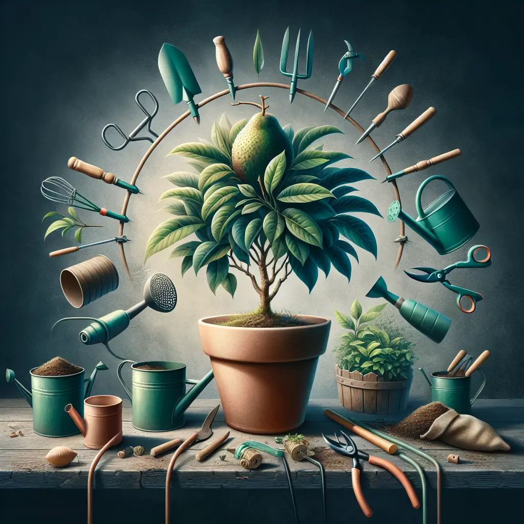 An array of thoughtful gardening tips focused on the nurturing of a Soursop tree. The image would subtly express these tips without the use of any text or human figures. The scene could feature a Soursop tree thriving in a ceramic pot, surrounded by gardening tools such as watering cans, pruners, and enriched soil. The inclusion of a detailed garden setting would provide a tangible ambiance, reflecting the article's content. The exclusion of any people, text, brand names or logos is firmly maintained throughout the entire image.