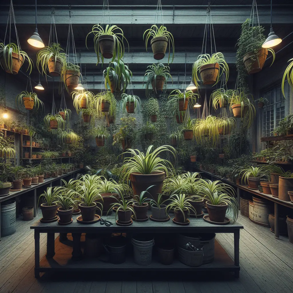 An extensive indoor garden where a multitude of verdant spider plants occupy the area. Despite the low level of light, courtesy of dimmed ceiling lights and thin slits of windows, the plants seem thriving and healthy. Their long, arched leaves streaked with yellow or white are prominent features in the gentle darkness. Placed decoratively, they're in a variety of rustic, unbranded terracotta pots with saucers, and hanging baskets. The background subtly features a well-stocked gardener's toolbox, essentials for plant caring like watering cans, pruners but void of any identifying marks.
