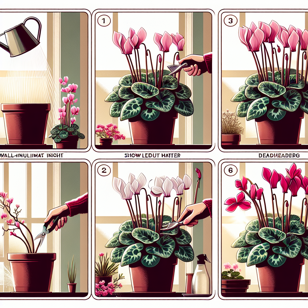 A detailed guide showing the care of Florist's Cyclamen indoors, demonstrating a sequence that should lead to long-lasting blooms. The first image is a well-illuminated indoor setting with a potted Cyclamen placed near a window. There, the plant receives indirect light. The second image portrays a small watering can showering water onto the Cyclamen, symbolizing adequate hydration. The third image showcases deadheading, with a pair of gardening shears trimming near a wilted bloom. The fourth image displays a healthy, blooming Cyclamen, signifying the result of good care. There are no people, text, brand names, or logos in any of the scenes.
