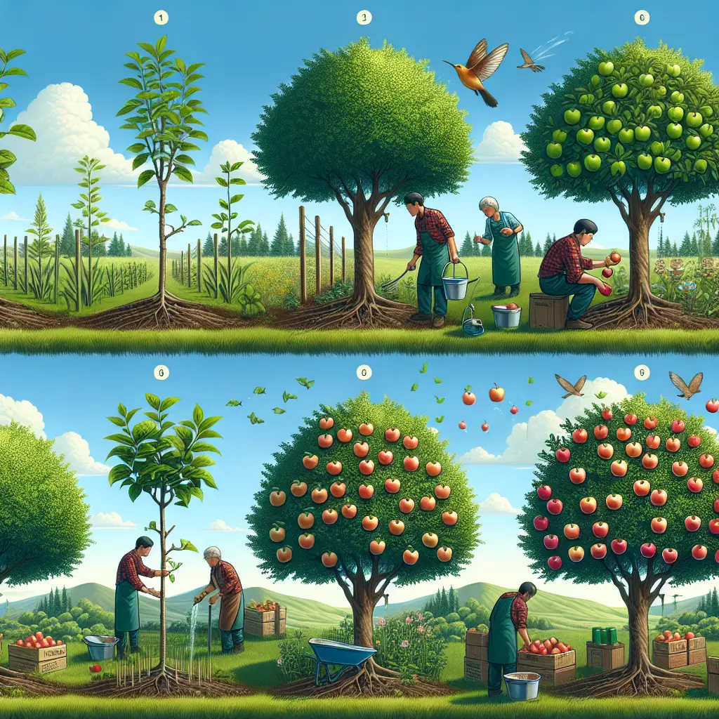An image showing the process of cultivating and caring for Kei Apple trees. The scene should include various stages, such as the initial planting of a young sapling, careful watering, pruning the mature tree, and finally, the bountiful harvest of Kei Apples. It's set in an outdoor setting with lush greenery. The background features a blue sky with fluffy white clouds. The foreground focuses on the Kei Apple trees at different growth stages, with each stage clearly distinguished. Please ensure no people, text, brand names, or logos are present in the image.
